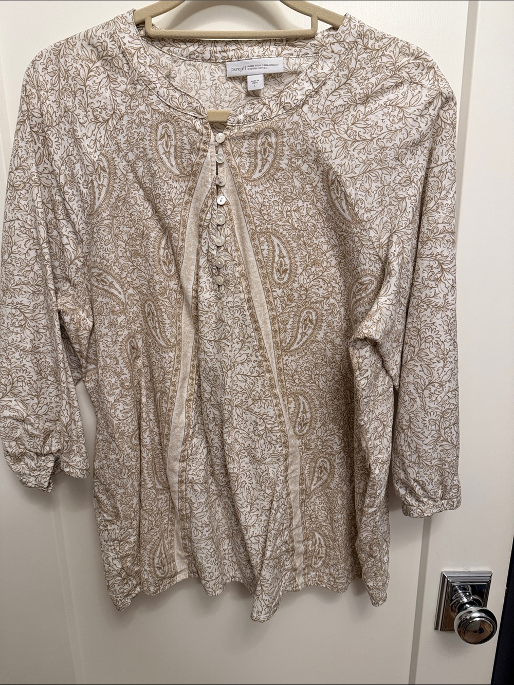 J. Jill Cream and Tan Paisley Button-Front Tunic